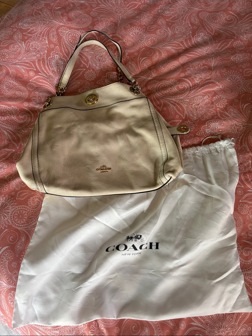 Coach Cream Pebbled Leather Shoulder Bag with Gold Hardware